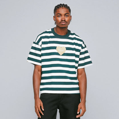 STRIPED BOXY T-SHIRT PINE GREEN - FRONT OF.
