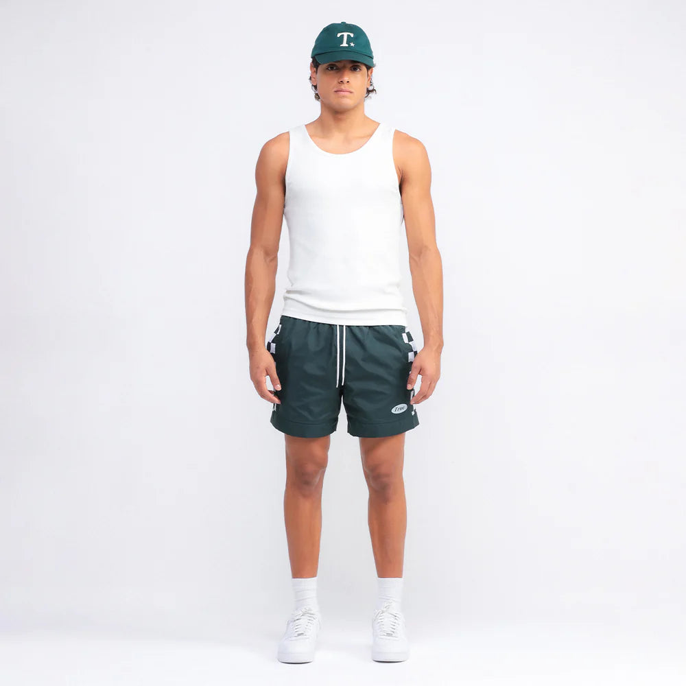 TRUE LOUNGE BOARD SHORTS PINE GREEN - FRONT OF.