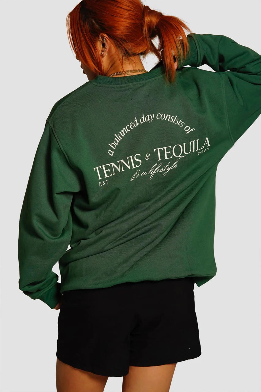 CREWNECK TENNIS & TEQUILA FOREST GREEN - FRONT OF