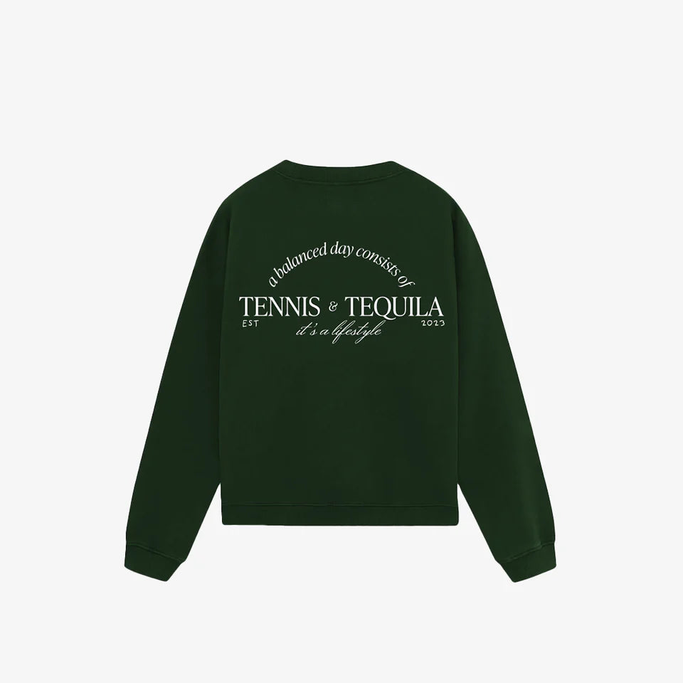 CREWNECK TENNIS & TEQUILA FOREST GREEN - FRONT OF